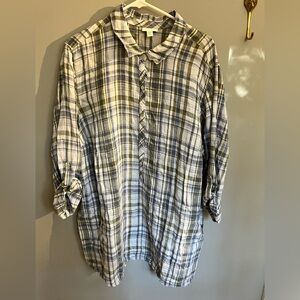 J. Jill Love Linen Popover Tunic Top Roll Tab Sleeve Shirt Pockets Plaid Plus 3x